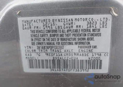 2015 Nissan Sentra S z USA, uszkodzony, nr VIN 3N1AB7AP0FY383992